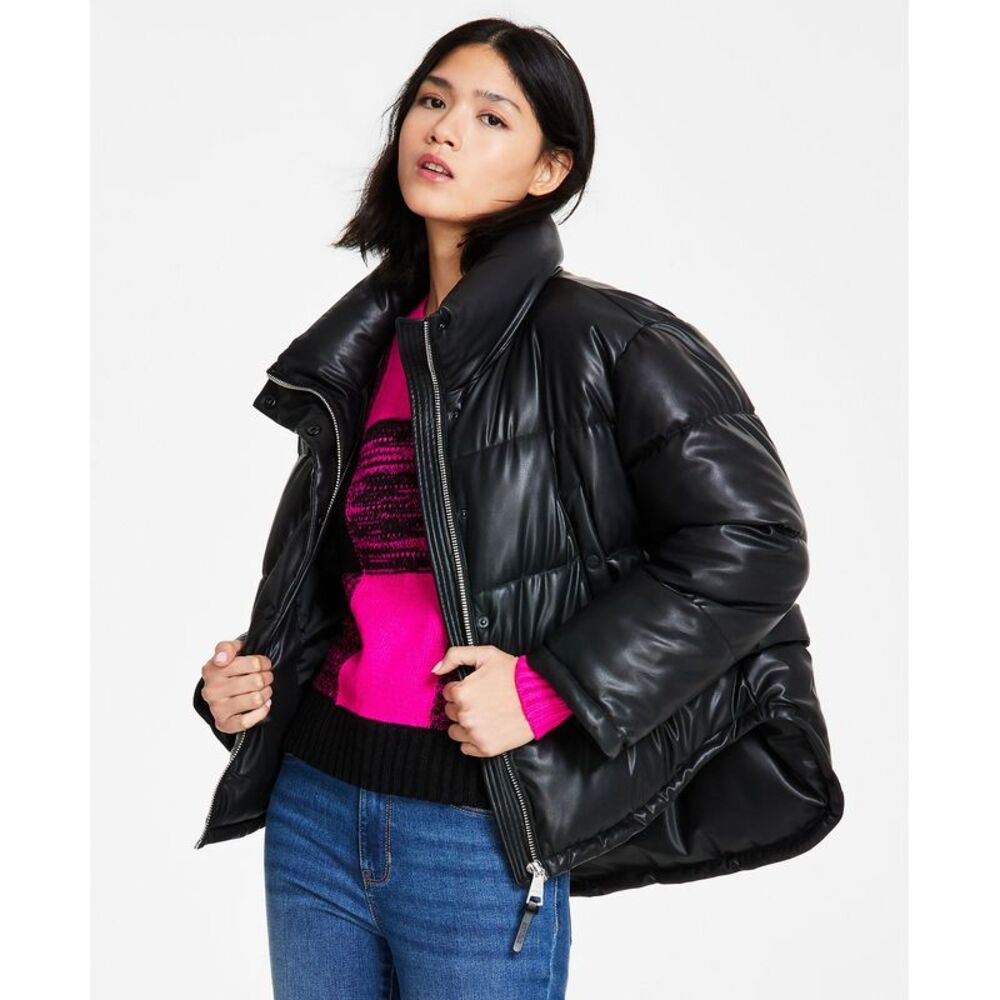Women's Faux-Leather High-Low Hem Puffer Jacket